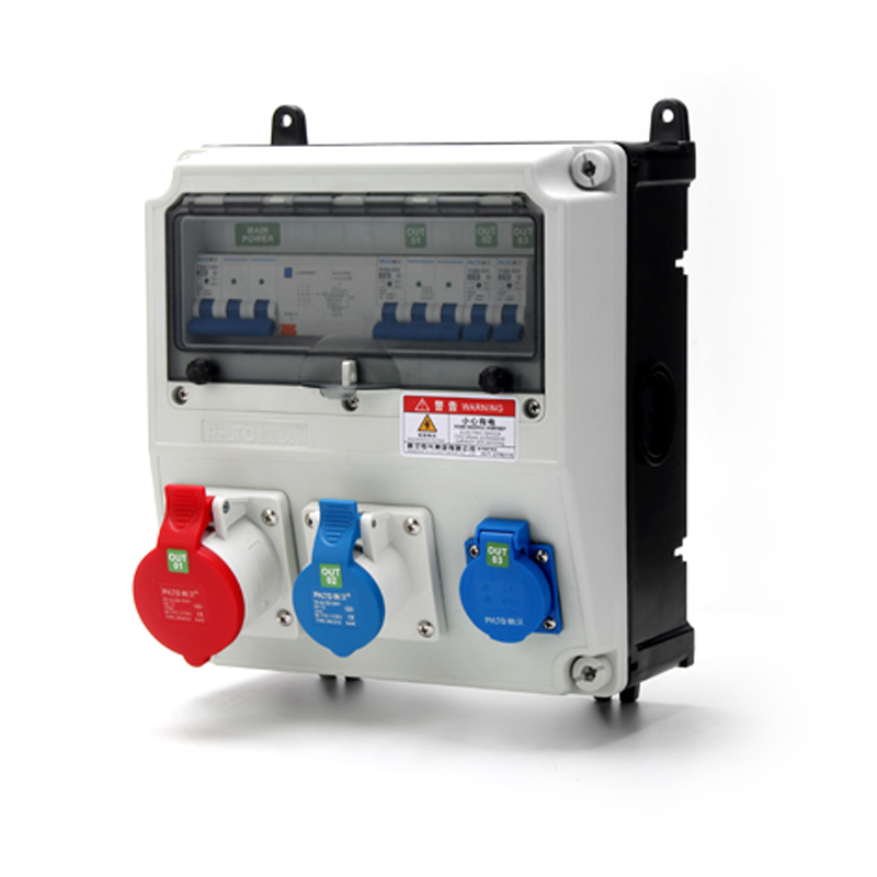 Распределительный щиток PHLTD с промышленными розетками 4P 32A и 3P 16A, защитой от утечки и выключателем, размер 350x270x165 мм